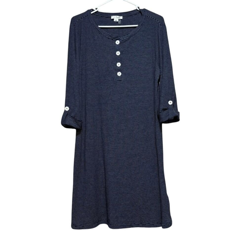 Simply Noelle Women's Navy White Striped Henley Dress S/M Button Detail